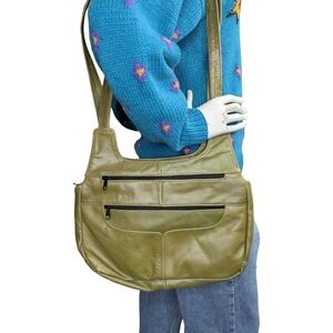 Olive Green Vintage Leather Handbag, Made In Mexico, VGC